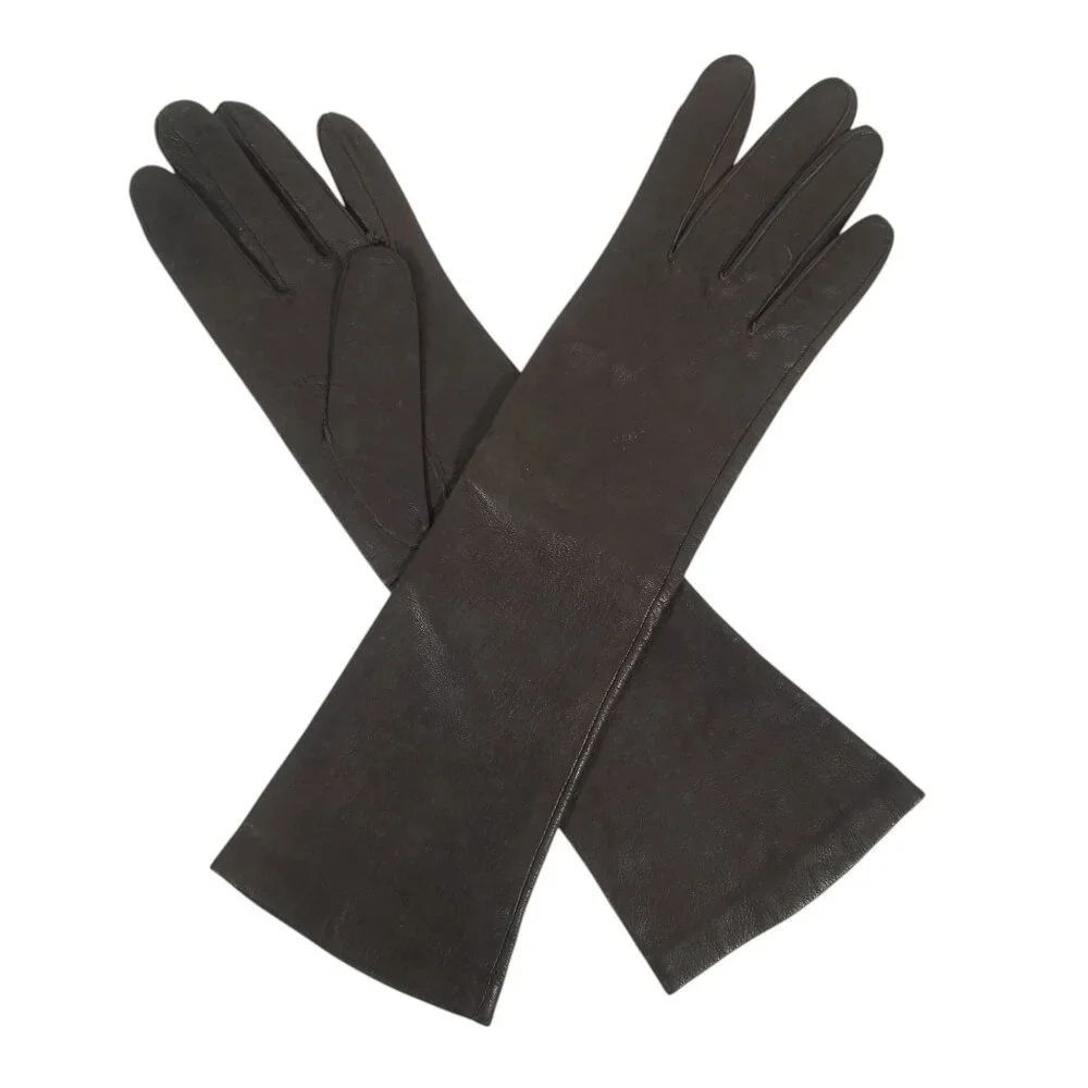 Vintage Leather Gloves Dark Brown Kid 3/4 Length Silk Lined Washable 6 1/2